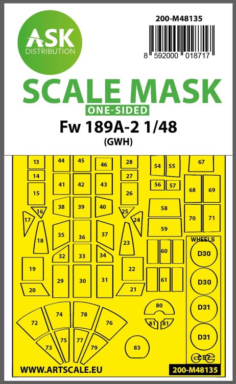 Art Scale 200-M48135 Focke-Wulf Fw-189A-2 wheels and canopy frame paint mask (outside only) 1/48