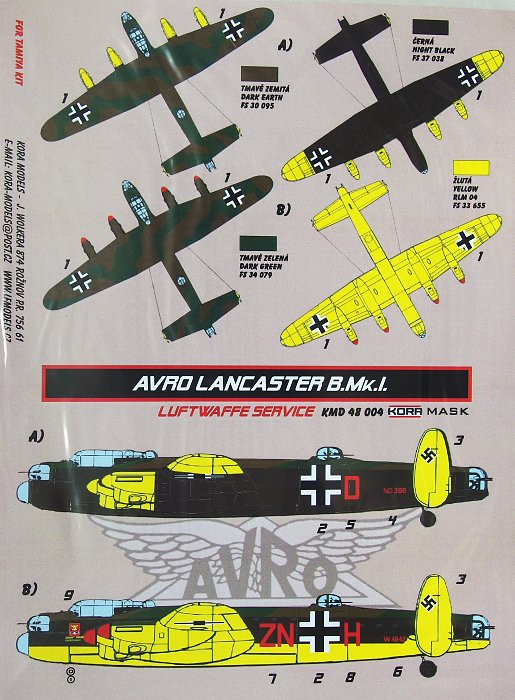 Kora Model MD48004 Mask Avro Lancaster B.Mk.I Luftwaffe service 1/48