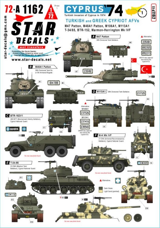 Star Decals 72-A1162 Cyprus 1974 # 1. Turkish and Greek Cypriot AFVs. M47, M48A1, M106A1, M113A1, T-34/85, BTR-152, Marmon-H 1/72