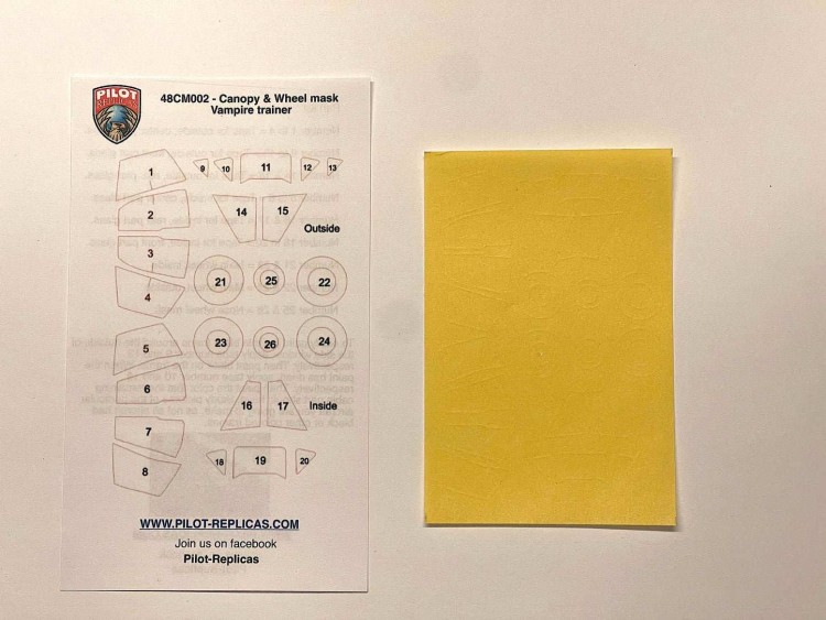 Pilot Replicas 48CM002 De Havilland Vampire T.1/J28 wheels and canopy frame paint mask 1/48