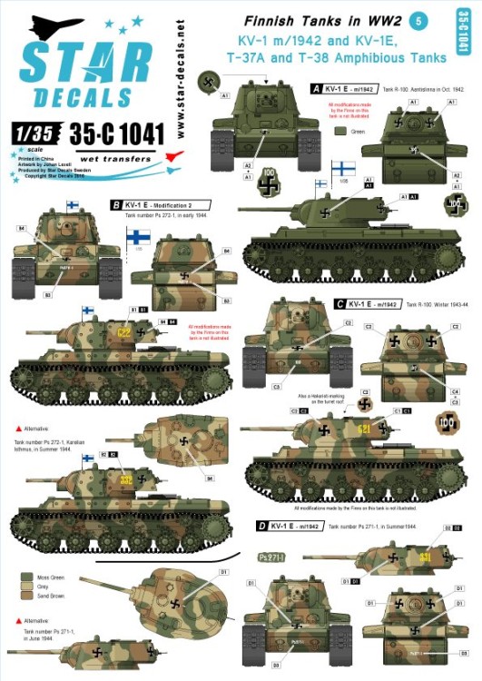 Star Decals 35-C1041 Finnish Tanks in WWII #5. KV-1 and Amphibious Tanks. [Soviet ] 1/35