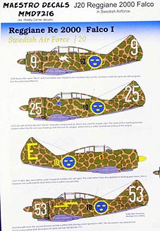 Maestro Models MMCD-7216 1/72 Decals J20 Reggiane 2000 Falco in Swedish AF