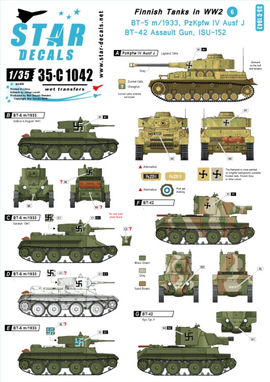 Star Decals 35-C1042 Finnish Tanks in WWII #6. BT-5, BT-42, Pz.Kpfw.IV Ausf.J, ISU-152. [Soviet ] 1/35