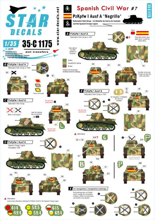 Star Decals 35-C1175 Spanish Civil War # 7. Pz.Kpfw.I Ausf.A 'Negrillo'. Nationalist markings 1/35