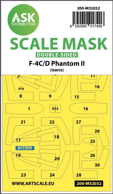 Art Scale 200-M32032 McDonnell F-4C/F-4D Phantom canopy frame paint masks (inside & outside) 1/32