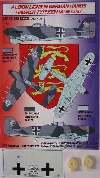 Kora Model DEC72265 Hawker Typhoon Mk.IB Early (Luftwaffe) декали декали 1/72