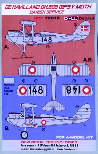 Kora Model NDT72016 DH.60G Gipsy Moth Danish Service декали декали 1/72