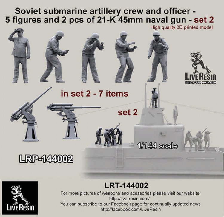 LiveResin LRM144002 Моряки подводники. Артиллерийский рассчет 45мм пушки 21-К и командир - 2. Пять фигур и два варианта пушки, рекомендуются для модели подводной лодки Щука, Звезда 1/144