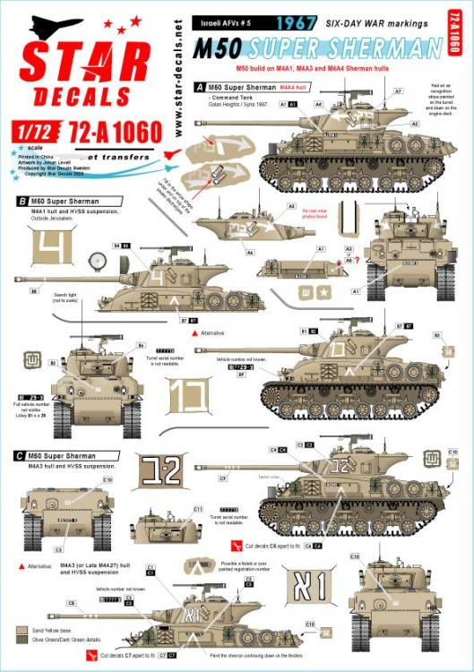 Star Decals 72-A1060 Israeli AFVs # 5 1960 and Six-Day War markings. M50 Super Sherman. M50 Command Tank on M4A4 hull. M50 on M4A1, M4A3 and M4A4 hulls 1/72