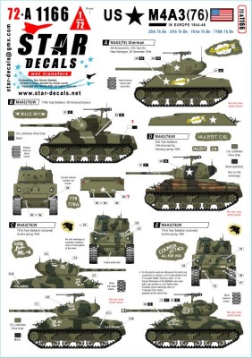 Star Decals 72-A1166 US M4A3(76) in Europe 1944-45.'Thunderbolt', 'Cool Studs Inc' etc. 25th / 37th / 761st / 778th Tk Bn. 'Thunderbolt', 'Cool Studs Inc', 'Counter Attack', 'Billie-Boy' 1/72