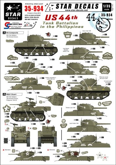 Star Decals STAR35934 U.S. 44th Tank Battalion in the Philippines. M4 Composite Sherman and M5A1 Stuart 1/35