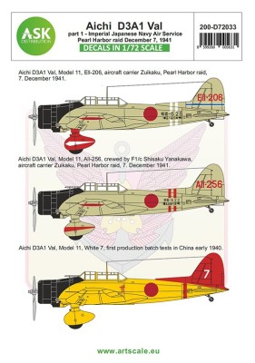 Art Scale 200-D72033 Aichi D3A1 Val part 2 Pearl Harbor raid December 7., 1941. Catalog no. 200-D72033 1/72