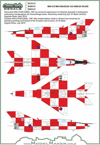 Model Maker Decals D32147 Mikoyan MiG-21UMD CROATIAN 165 Display Plane 1/32