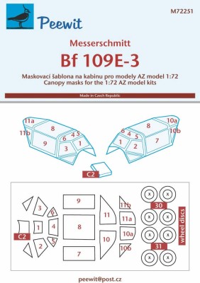 Peewit M72251 Messerschmitt Bf 109E-3 (AZ) маска для окраски фонаря кабины 1:72