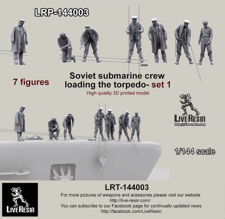 LiveResin LRM144003 Моряки подводники. Погрузка торпеды, семь фигур, рекомендуются для модели подводной лодки Щука, Звезда 1/144