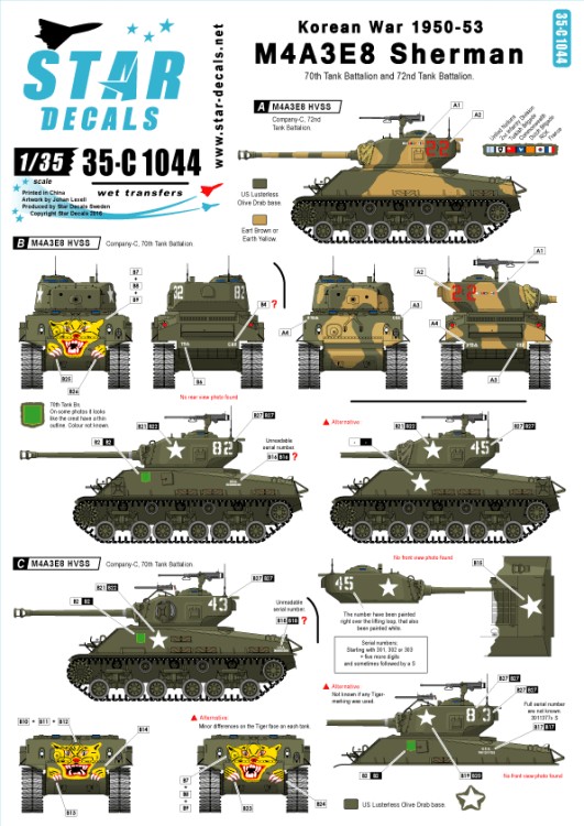 Star Decals 35-C1044 Korean War M4A3E8 Sherman 'Tigerface' 1/35