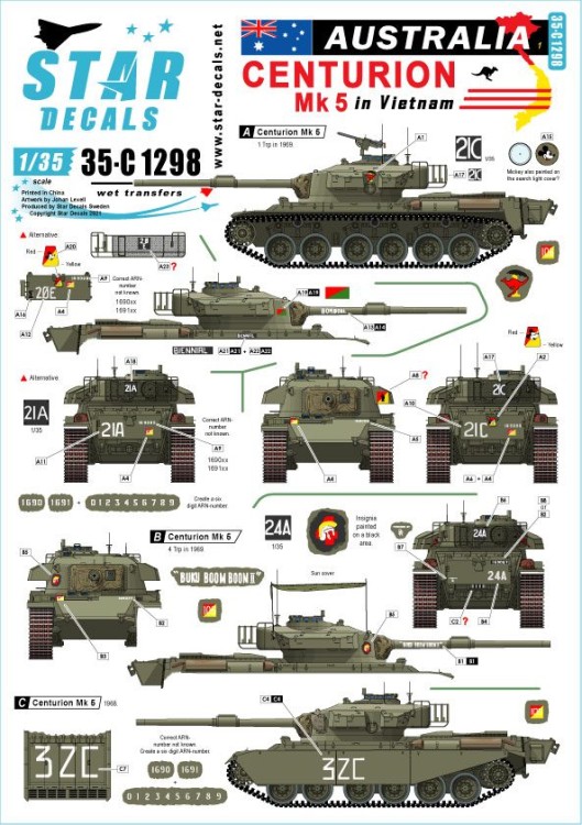 Star Decals 35-C1298 Australia in Vietnam # 1.Aussie Centurion Mk.5s in South Vietnam 1/35