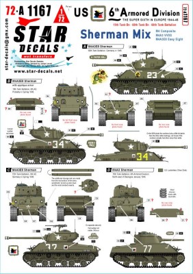 Star Decals 72-A1167 US 6th Armored Division # 1. Sherman Mix. M4 Composite, M4A3, M4A3E8 1/72