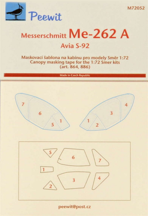 Peewit PW-M72052 1/72 Canopy mask Messerschmitt Me-262A (SMER)