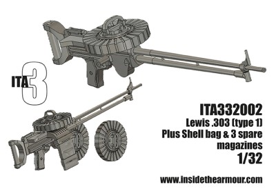 Inside the Armour ITA332002 Lewis .303 (aircraft type) with optional shell bag and 3 x spare magazines for stowage 1/32