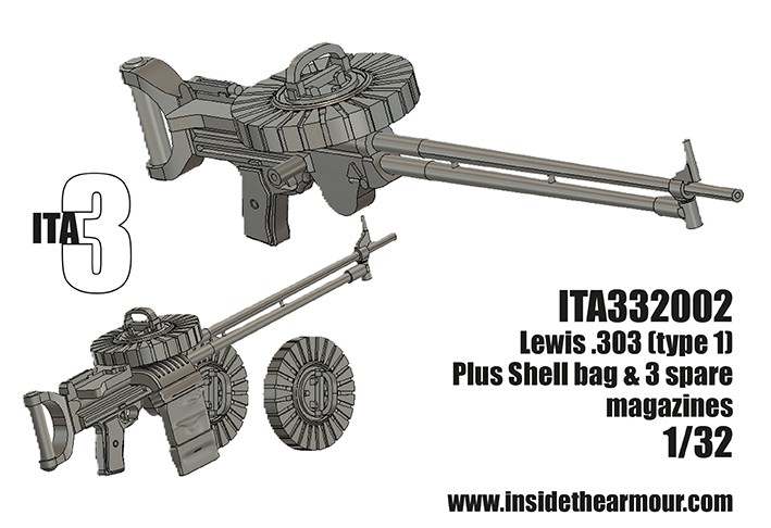 Inside the Armour ITA332002 Lewis .303 (aircraft type) with optional shell bag and 3 x spare magazines for stowage 1/32