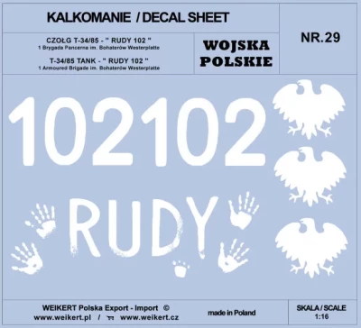 Weikert Decals 229 Polish Army T-34/85 RUDY 102, 1st Arm.Brigade 1/16