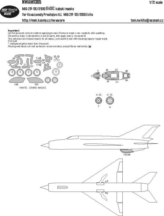 New Ware NWA-M1305 Mask MiG-21 F-13(/S106) BASIC (KPM) 1/72