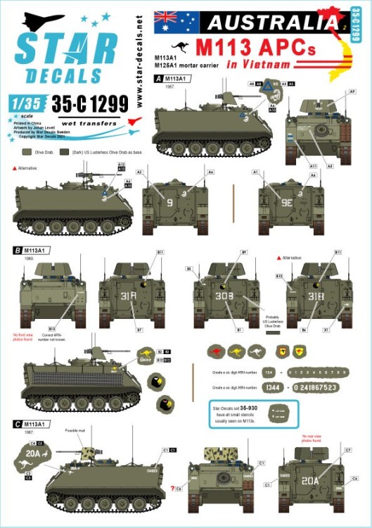 Star Decals 35-C1299 Australia in Vietnam # 2.Aussie M113 APCs. M113A1 and M125A1 Mortar Carrier 1/35