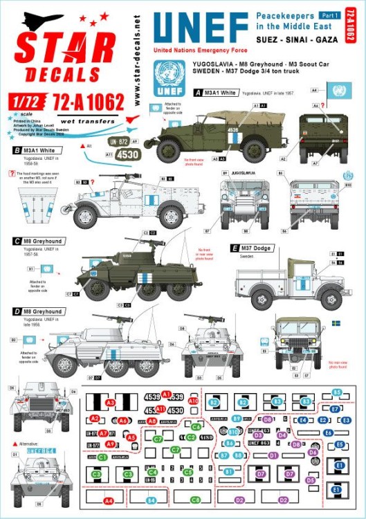 Star Decals 72-A1062 Peacekeepers in the Middle East # 1. UNEF in Suez, Sinai and Gaza. Yugoslavian and Swedish vehicles. M3A1 Shite Scout Car, M8 Greyhound and M37 Dodge 3/4 ton truck 1/72