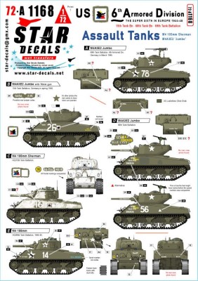 Star Decals 72-A1168 US 6th Armored Division # 2. Assault Tanks. M4 105mm, M4A3E2 Jumbo Sherman 1/72