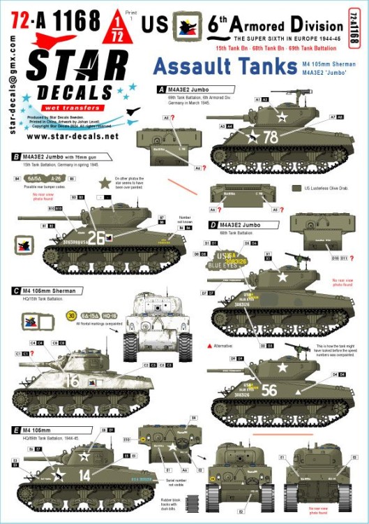 Star Decals 72-A1168 US 6th Armored Division # 2. Assault Tanks. M4 105mm, M4A3E2 Jumbo Sherman 1/72