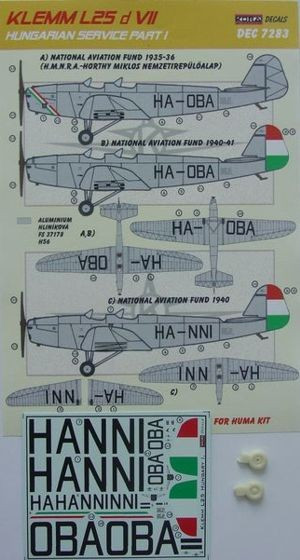 Kora Model DEC7283 Klemm L25 d VII (Hungarian, part I.) декали декали 1/72