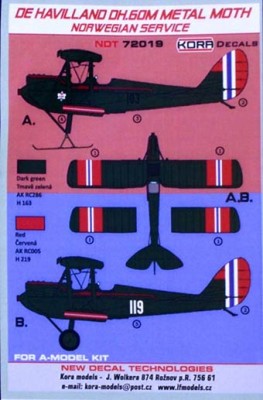 Kora Model NDT72019 DH.60M Metal Moth Norwegian Service декали декали 1/72