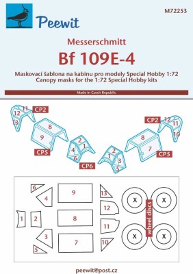 Peewit M72253 Messerschmitt Bf 109E-4 (SP.HOB.) маска для окраски фонаря кабины 1:72