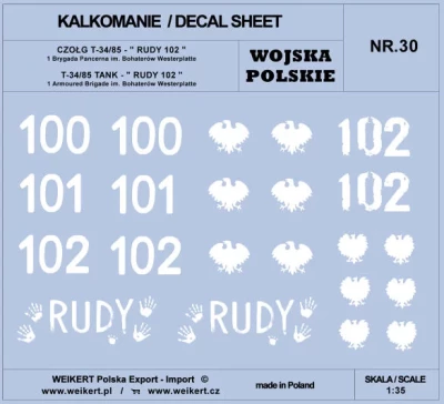 Weikert Decals 230 Polish Army T-34/85 RUDY 102, 1st Arm.Brigade 1/35