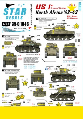 Star Decals 35-C1046 U.S. in North Africa # 2. 1st Armored Division M4 Sherman, M3 Stuart 1/35