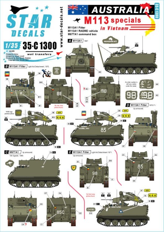 Star Decals 35-C1300 Australia in Vietnam # 3.Aussie Special M113s. M113A1 Fitter, M113A1 RAEME and M577 Command Post 1/35