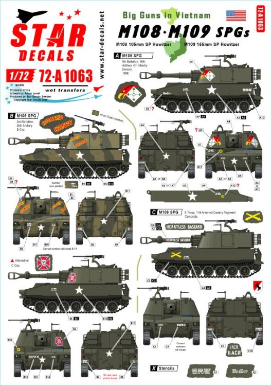 Star Decals 72-A1063 Big Guns in Vietnam. US Army M108 SP Howitzers and M109 155mm SP Howitzers in Vietnam and Cambodia 1/72
