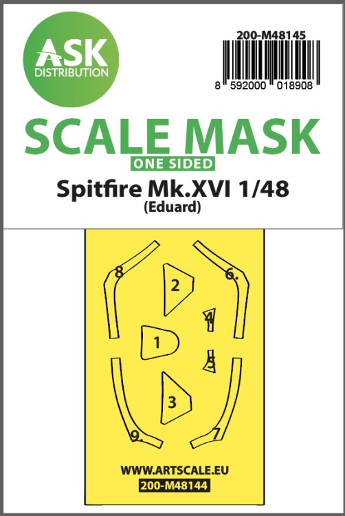 Art Scale 200-M48145 Supermarine Spitfire Mk.XVI canopy frame paint mask (outside only) 1/48