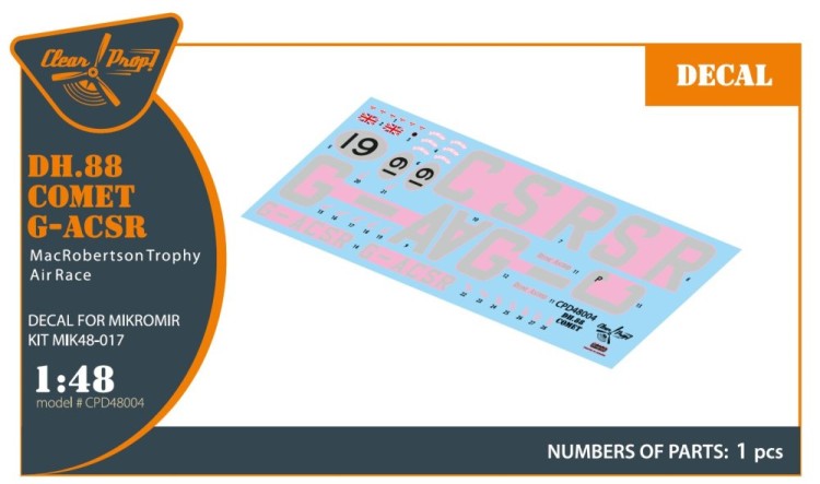 Clear Prop CPD48004 Decal DH.88 Comet G-ACSR (MIKROMIR) 1/48