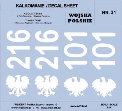 Weikert Decals 231 Polish Army T-34/85, 2nd Regim.,1st Arm.Brig. 1/16
