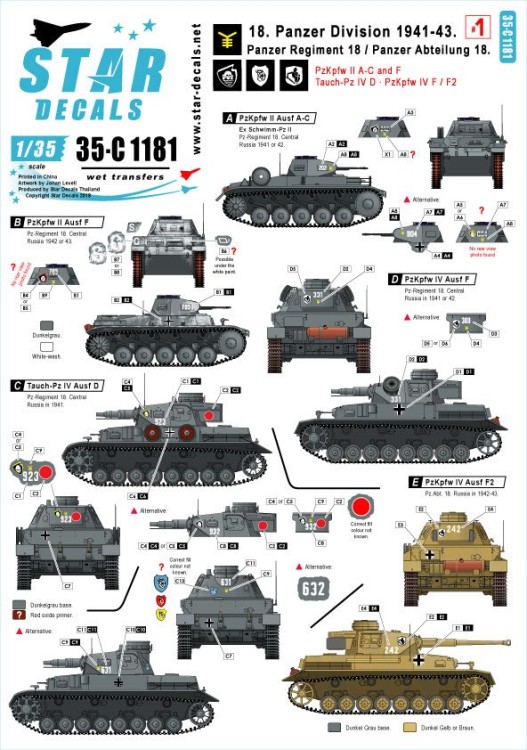 Star Decals 35-C1181 18. Panzer Division # 1. Pz-Regiment 18 / Pz-Abteilung 18. Pz.Kpfw.II Ausf.A-Ausf.C and Ausf.F, Tauch-Pz.IV Ausf.D, Pz.Kpfw.IV Ausf.F and Ausf.F2 1/35