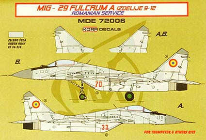 Kora Model MDE72006 MiG-29 Fulcrum 9-12 Romanian service декали декали 1/72
