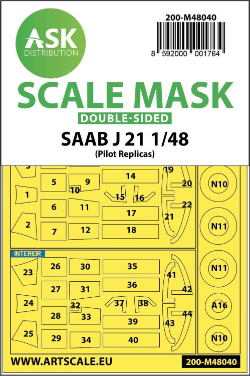 Art Scale 200-M48040 Saab J-21A3 wheels and canopy frame paint masks (inside and outside) 1/48