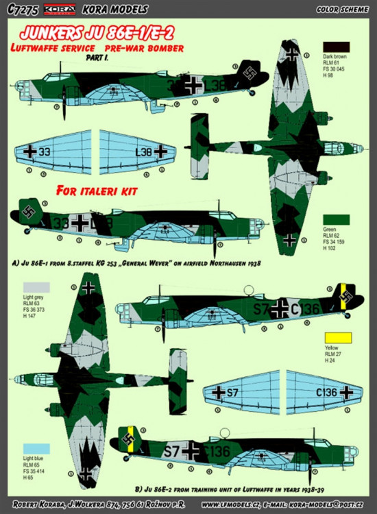 Kora Model C7275 Ju 86E-1/E-2 Luftwaffe Conv.set (ITA) Part I. 1/72