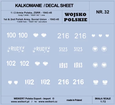 Weikert Decals 232 1st&amp;2nd Polish Army T-34/85 RUDY 102&amp;others 1/72