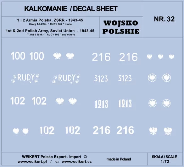 Weikert Decals 232 1st&2nd Polish Army T-34/85 RUDY 102&others 1/72