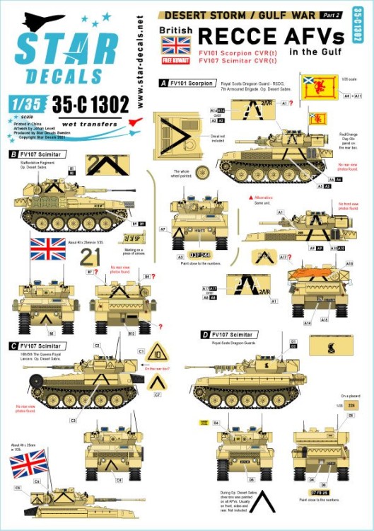 Star Decals 35-C1302 Desert Storm # 2.British Recce AFVs in the Gulf 1990-91. Operation Granby and Desert Sabre.FV101 Scorpion CVR(T) and FV107 Scimitar CVR(T) 1/35