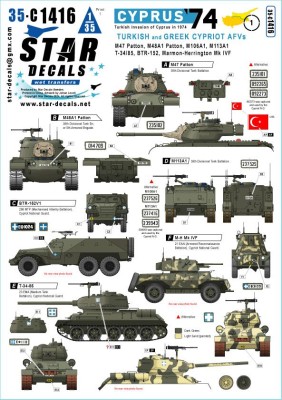 Star Decals 35-C1416 Cyprus 1974 # 1. Turkish and Greek Cypriot AFVs. M47, M48A1, M113A1, M106A1, T-34/85, BTR-152, Marmon-Herrington Mk.IVF 1/35