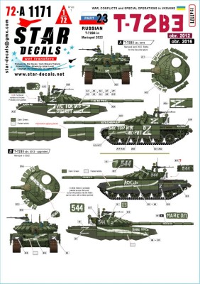 Star Decals 72-A1171 War in Ukraine # 23Russian T-72B3 in Mariupol 2022.T-72B3 obr. 2012 and obr. 2016 1/72